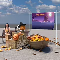Halloween Art Installation Featuring Pumpkin Lanterns Hay Bales Spider Web Wooden Boat And Fallen Leaves