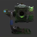 Green Mechanical Weapon with Rusty Barrel Yellow Markings and Turret Structure 3d model