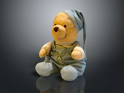Cute Yellow Winnie the Pooh Plush Doll With Blue Nightcap And Rabbit Overalls 3d model