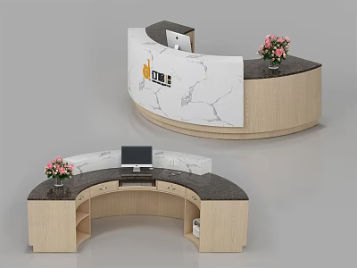 Modern Curved Reception Desk With Marble Top Wooden Cabinet Computer Monitor And Pink Flower Vase 3d model