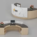 Modern Curved Reception Desk With Marble Top Wooden Cabinet Computer Monitor And Pink Flower Vase