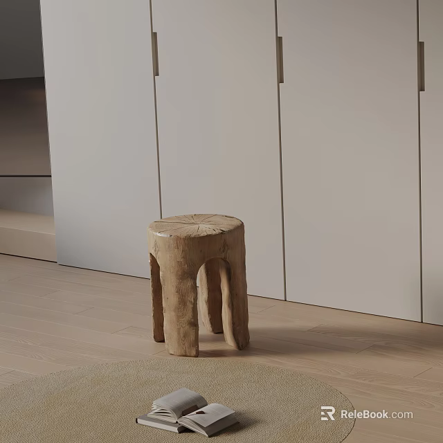 Natural Wood Tree Stump Shaped Bedside Table With Solid Legs In Minimalist Room 3d model