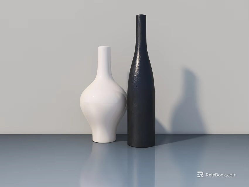 Modern White And Black Vases On Blue Countertop With Light Background Wall 3d model 