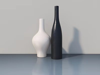 Modern White And Black Vases On Blue Countertop With Light Background Wall 3d model