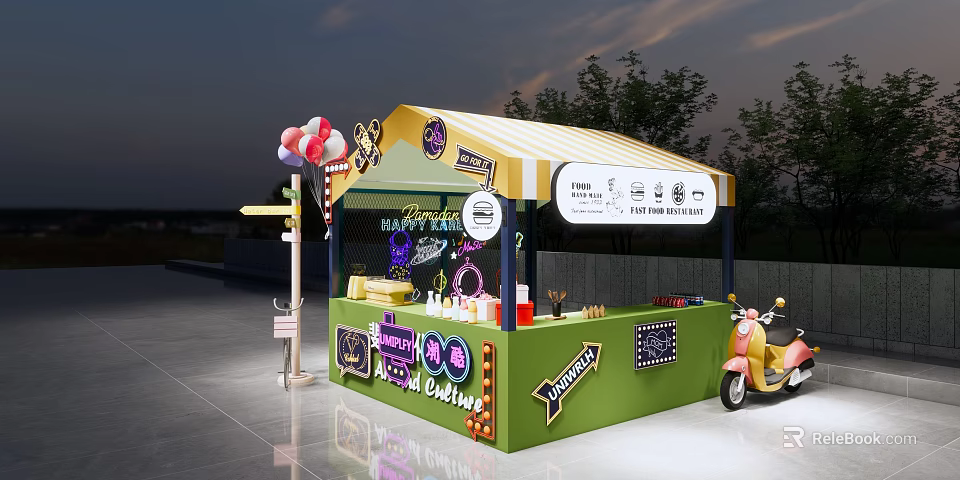 Colorful Street Food Stall With Green Yellow Exterior Striped Awning Balloons And Scooter 3d model 