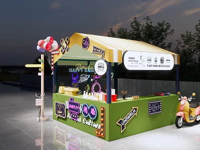Colorful Street Food Stall With Green Yellow Exterior Striped Awning Balloons And Scooter 3d model