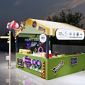 Colorful Street Food Stall With Green Yellow Exterior Striped Awning Balloons And Scooter