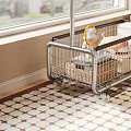 Clothing Hanger with Coats Sweaters Metal Storage Basket in Bedroom Near Window Blinds Green View