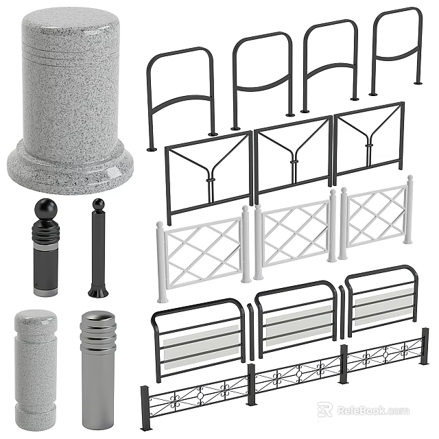 Various Fence Designs With Metal Railings And Decorative Posts 3d model 