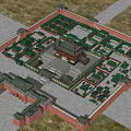 Ancient Chinese Architectural Complex Featuring Symmetric Layout Green Tiled Roofs and Red Walls