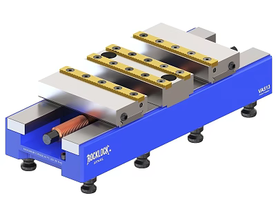 Rocklin Industrial Precision Workbench Fixture Featuring Blue Base Yellow Metal Components And Adjustable Support Feet 3d model