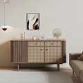 Wooden Entryway Console Cabinet With Rattan Doors And Decorative Ornaments On Top