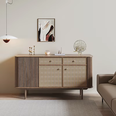 Wooden Entryway Console Cabinet With Rattan Doors And Decorative Ornaments On Top 3d model