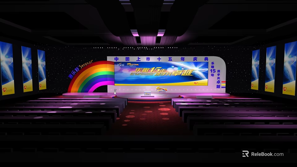 Colorful Stage Setup With Rainbow Decoration Large Screen And Audience Seats 3d model 