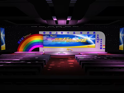 Colorful Stage Setup With Rainbow Decoration Large Screen And Audience Seats 3d model