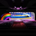 Colorful Stage Setup With Rainbow Decoration Large Screen And Audience Seats