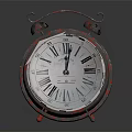 Vintage Alarm Clock with Two Bells Roman Numerals and Red Base on Dark Surface