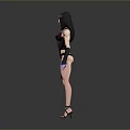 Muscular Woman In Purple Black Bodysuit With Headpiece Long Gloves High Heels And Gray Background