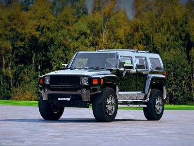 Black Hummer SUV Parked On Outdoor Road With Green Trees Background 3d model