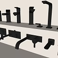 Various Modern Faucet Styles Displayed On White Shelves With Water Flowing