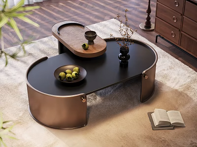 Modern Coffee Table With Black Top Copper Frame Fruit Bowl Tray And Vase For Living Room 3d model