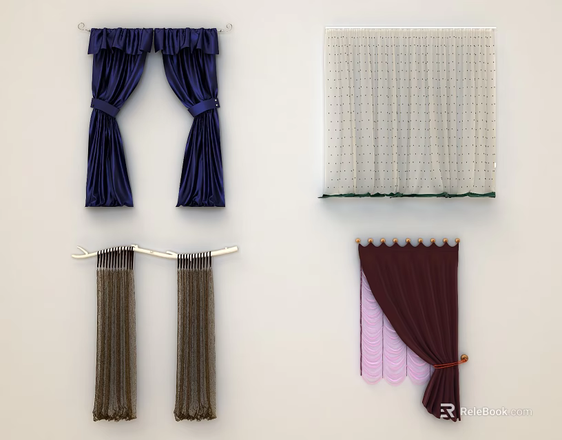 Various Curtains Featuring Navy Blue Tied Bow White Lace Brown Tassel Burgundy and Pink Lining 3d model 