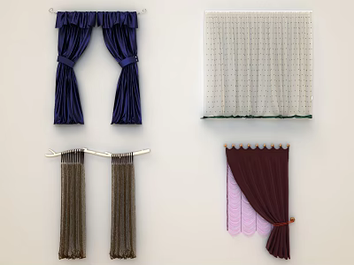 Various Curtains Featuring Navy Blue Tied Bow White Lace Brown Tassel Burgundy and Pink Lining 3d model