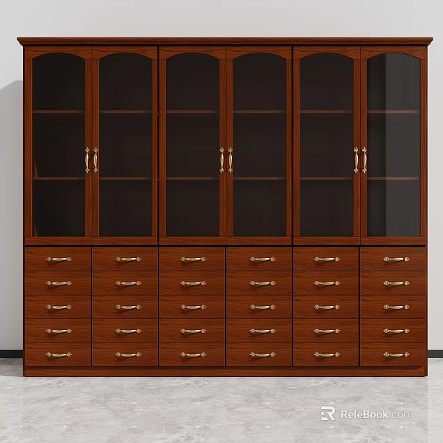 Modern Wooden Filing Cabinet With Glass Doors Multiple Drawers And Metal Handles For Storage 3d model 