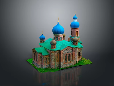 Traditional European Architecture With Blue Domes Green Roof Tower And Brick Red Walls 3d model