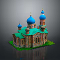 Traditional European Architecture With Blue Domes Green Roof Tower And Brick Red Walls