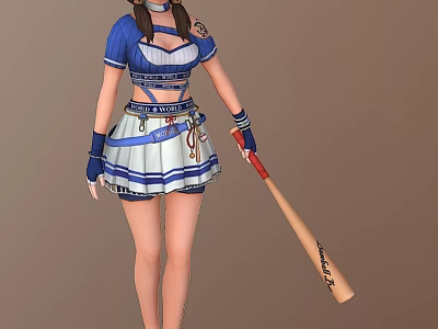 Cute Game and Movie Character with Pigtails Blue and White Cropped Top Skirt and Baseball Bat 3d model