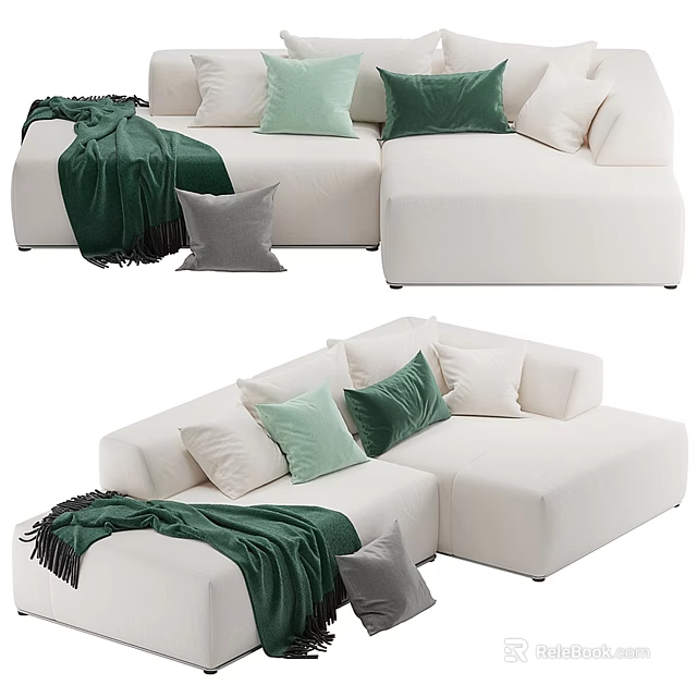 Modern White Sectional Sofa With Green Gray Cushions And Throw Blanket 3d model