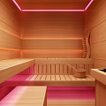 Modern Steam Shower Sauna Interior With Glass Doors Wooden Panels And Pink Lighting