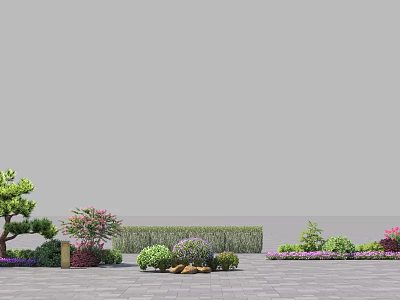 Various Flowering And Trimmed Shrubs In Garden Landscape With Stone Pavement And Decorative Plants 3d model