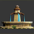 Ornate Stone Fountain With Circular Base Blue Water Flow And Yellow Accents