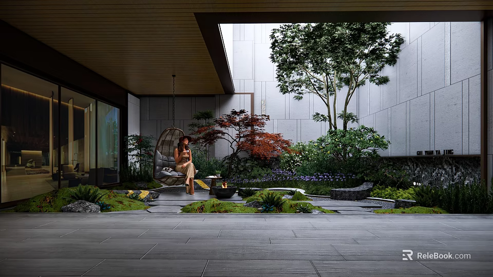Modern Courtyard Garden Design With Hanging Chair Fire Pit Stone Patio And Lush Greenery 3d model 
