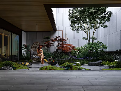 Modern Courtyard Garden Design With Hanging Chair Fire Pit Stone Patio And Lush Greenery 3d model