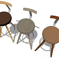 Three Stylish Bar Stools With Different Colored Upholstered Seats And Wooden Frames