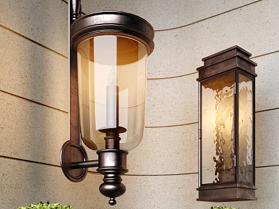 Classic Wall Lights With Metal Frame Glass Shade And Warm Light On Stone Wall 3d model