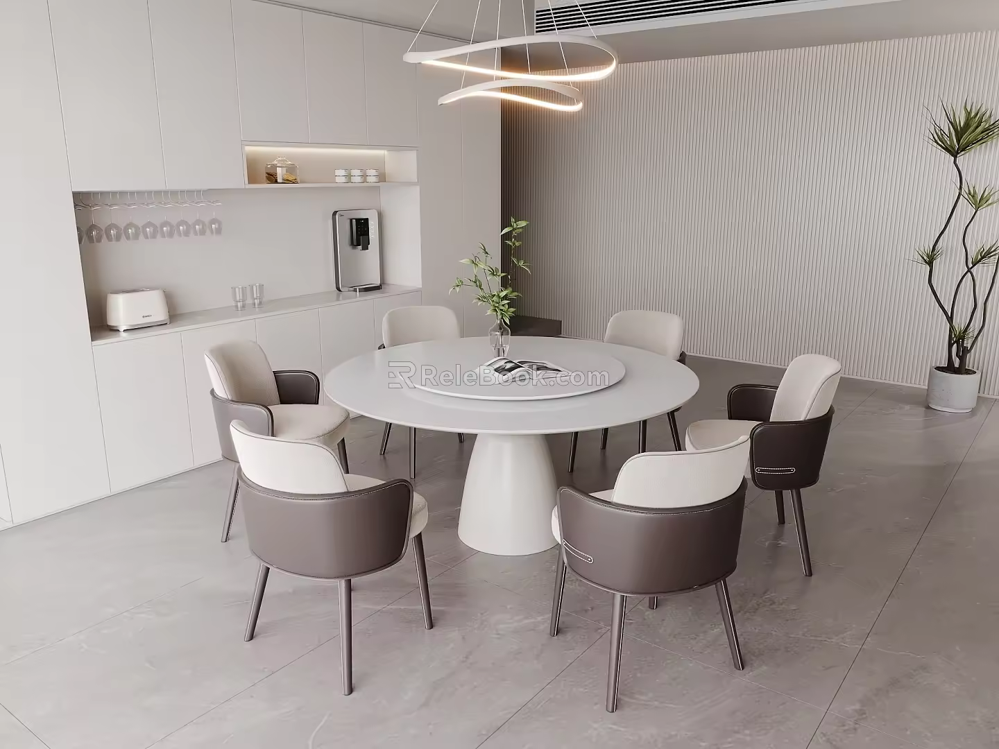 Modern Round Dining Table and Chair Combination Chandelier Direct Drinking Machine Green Plant 3d model