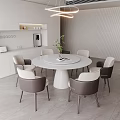Modern Round Dining Table and Chair Combination Chandelier Direct Drinking Machine Green Plant 3d model