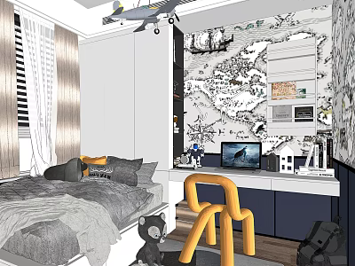 Kids Bedroom Interior With World Map Wallpaper Bed Desk Yellow Chair And Toy Airplane 3d model