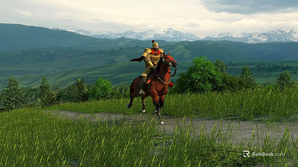 Scenic Green Hills Grassland with Snow Capped Mountains under Cloudy Sky and Rider on Horseback 3d model 