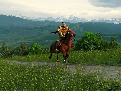 Scenic Green Hills Grassland with Snow Capped Mountains under Cloudy Sky and Rider on Horseback 3d model