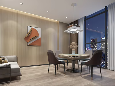 Modern Hotel Mahjong Room Interior With Wooden Walls Gaming Table Pendant Light And City View Window 3d model