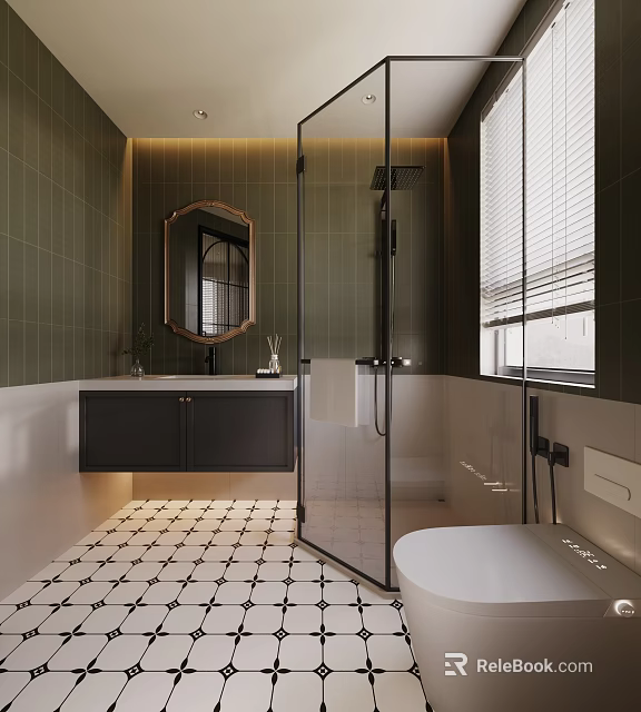 Elegant Retro Bathroom Interior With Dark Green Wall Tiles Glass Shower And Floating Vanity 3d model 