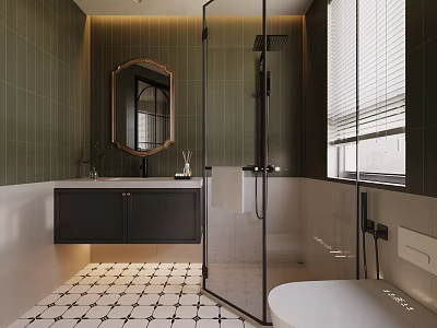 Elegant Retro Bathroom Interior With Dark Green Wall Tiles Glass Shower And Floating Vanity 3d model