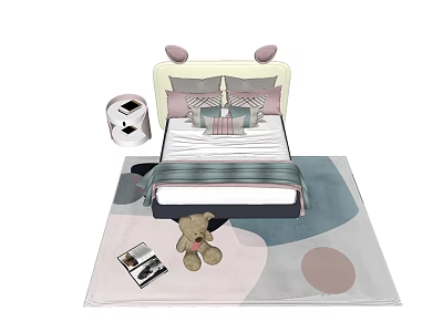 Kids Bed With Bear Ear Headboard Soft Rug Stuffed Bear And Storybooks 3d model