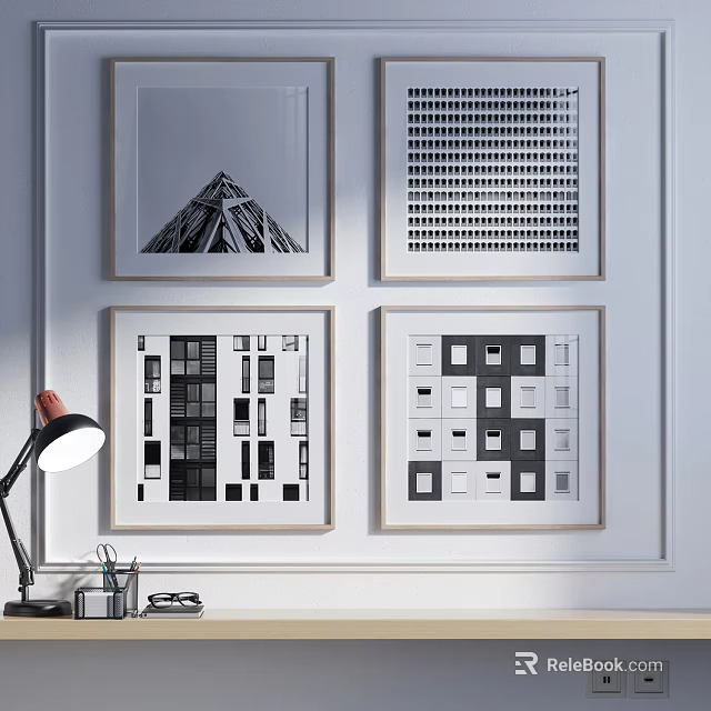 Black And White Geometric Art Prints On Wall With Desk Lamp And Stationery 3d model 