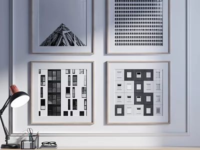 Black And White Geometric Art Prints On Wall With Desk Lamp And Stationery 3d model